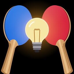 The Brainstorm: Idea Rally icon: a glowing light bulb in front of two ping-pong paddles, one blue and one red