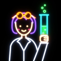 The Miss Sakamoto icon: a smiling woman in a lab coat and goggles holding up a test tube, drawn in glowing neon lines on plain black