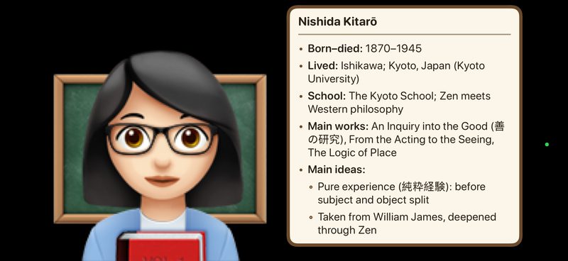 The same professor avatar beside a whiteboard about Nishida Kitarō, listing his dates, Kyoto, the Kyoto School, his main works, and his idea of pure experience (純粋経験).