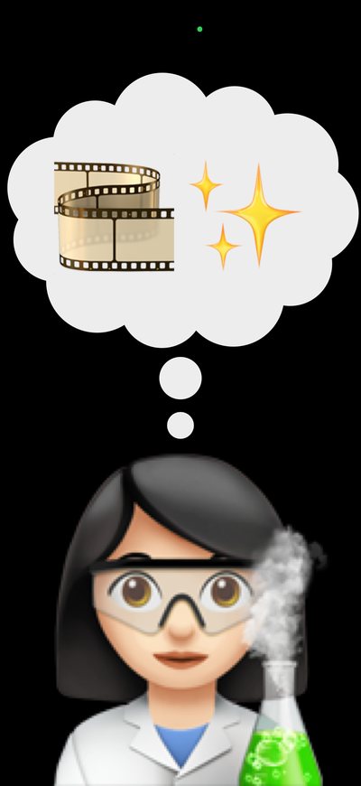 Her avatar in her own look, a scientist in a lab coat and safety goggles with a bubbling green flask, with a thought bubble above her holding a roll of film and some sparkles.