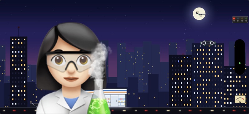 At night, on an iPhone held sideways: her scientist avatar in front of a city skyline with lit windows, a konbini, and a helipad, an airliner crossing the full moon, and by the Dynamic Island the modem lamps and a needle meter.