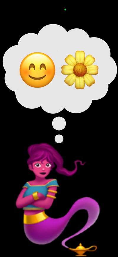 Miss Sakamoto on an iPhone held upright: her avatar, dressed as a genie beside a magic lamp, stands at the bottom of a plain black screen, and a thought bubble above her holds a smiling face and a yellow flower.