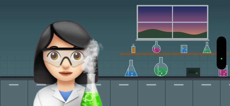 Sideways, with her lab as the background: a slate wall with a window onto a dusk sky, glassware on a shelf and on the bench, and her avatar at the left.