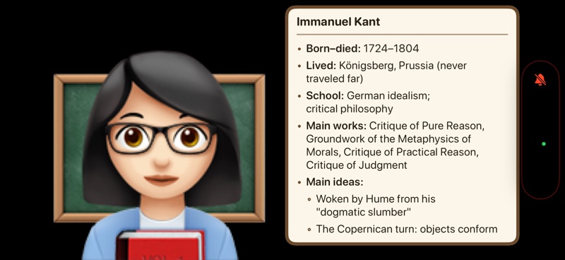 In professor mode, on an iPhone held sideways: her avatar as a teacher with glasses and a red book, in front of a chalkboard, and on the right a whiteboard about Immanuel Kant listing his dates, school, main works, and main ideas.