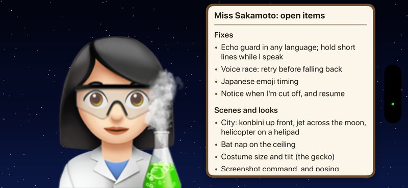 Sideways, against a starry night sky: her avatar on the left and, on the right, a whiteboard titled Miss Sakamoto: open items, with a list of fixes and ideas.