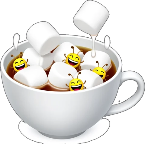 A cup of hot cocoa heaped with marshmallows, with laughing bees swimming in it
