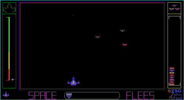 The original Space Flees on DOS, in 1987: a ship at the bottom of a black screen, fleas above