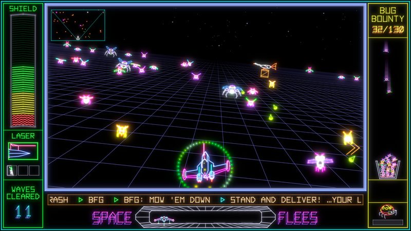 The chase view: the camera sits behind the ship over a glowing blue grid, with a crowd of fleas ahead and a radar map in the top corner.