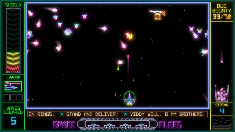 Space Flees 2100 mid-wave: the ship at the bottom of the screen fires a laser up at a swarm of glowing neon fleas, with the shield gauge on the left and the Bug Bounty count on the right.