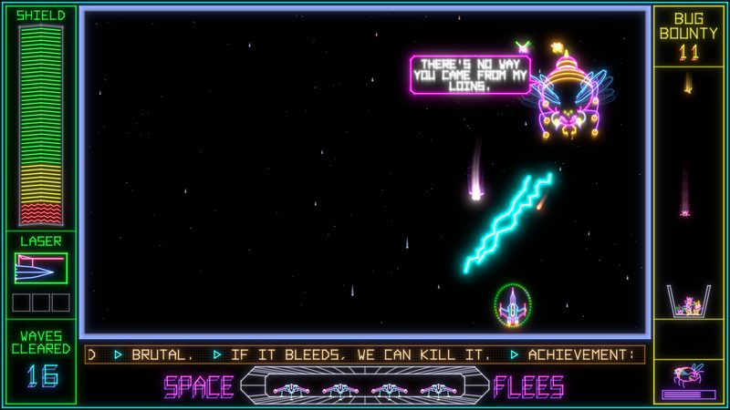 The queen fight: a giant flea queen in a crown, near the top of the screen, taunts the ship with a speech bubble while a jagged cyan bolt of lightning crackles across the screen.