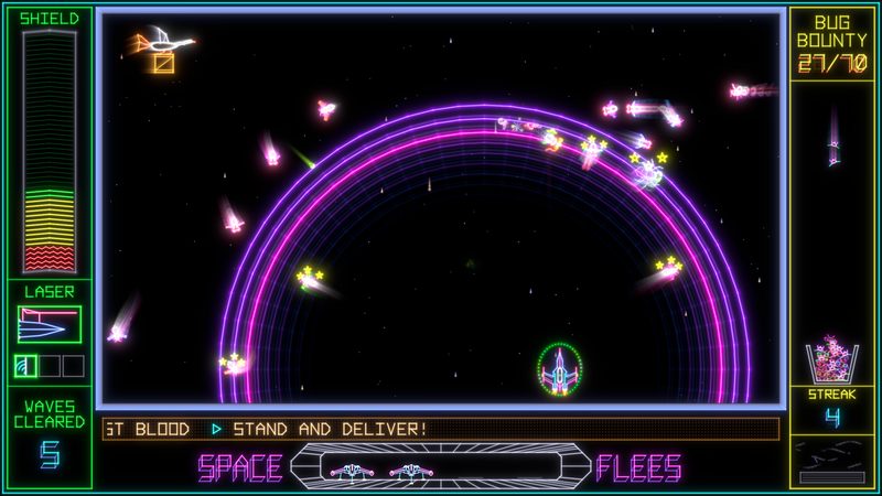 A shockwave: a huge ring of purple and magenta light sweeps out from the ship across a crowd of fleas, some of them circled by little yellow stars.