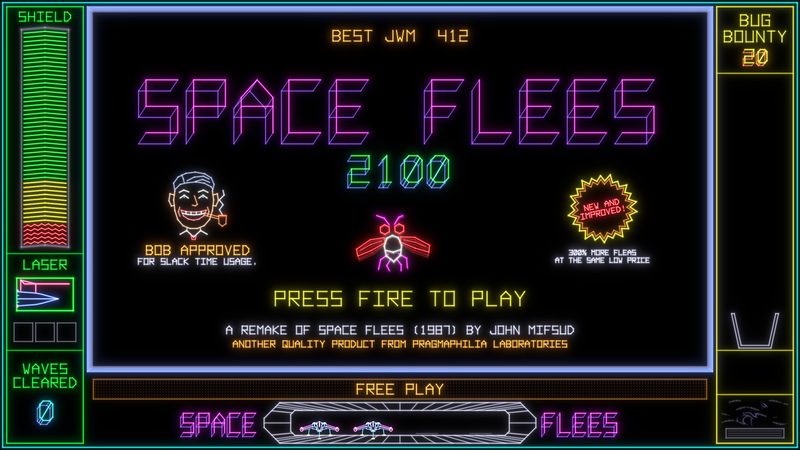 The title page: SPACE FLEES 2100 in large purple neon letters, with a glowing flea, a starburst that says New and improved, and the line Press fire to play.
