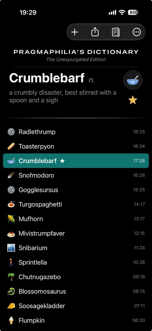 The iPhone app's main screen: Pragmaphilia's Dictionary, with today's word, Crumblebarf, and its definition at the top, starred as a favorite, and a list of the day's earlier words below it.