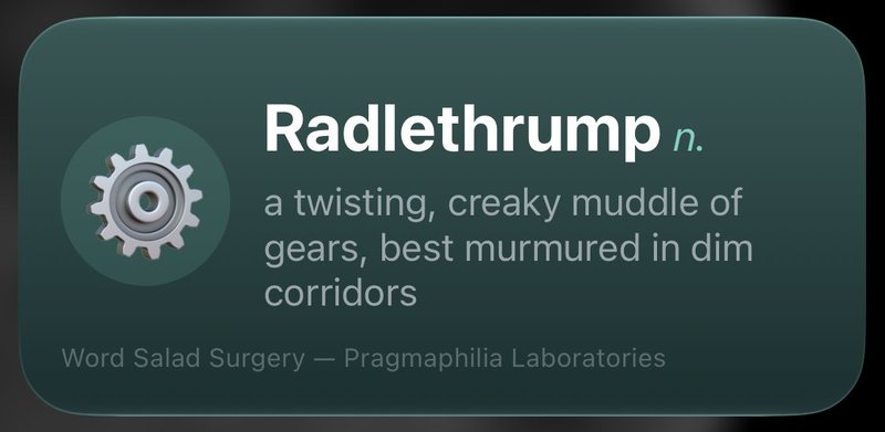 The Word Salad Surgery widget on an iPhone Home Screen: a gear for the word Radlethrump, a noun, and its definition, a twisting, creaky muddle of gears, best murmured in dim corridors.