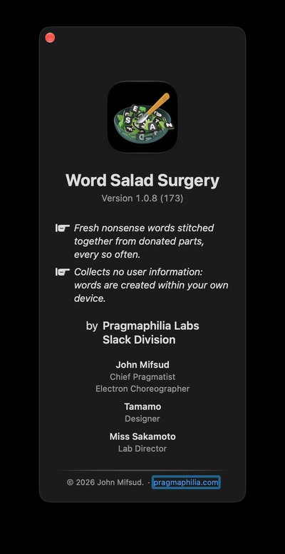 The About box: the app's icon, its name and version, two lines about what it does, the credits, and a link to pragmaphilia.com.
